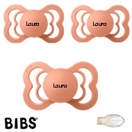 BIBS Supreme Sutter med navn str2, 3 Peach, Symmetrisk Silikone, Pakke med 3 sutter